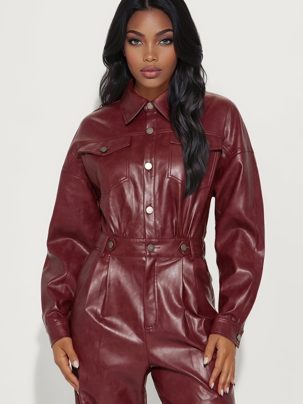 Women's Burgundy Faux Leather Jumpsuit